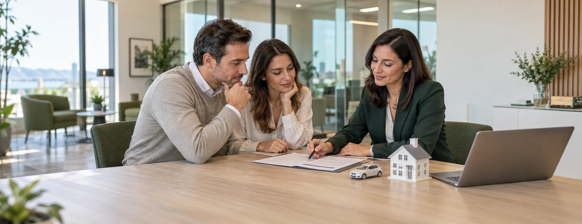 Modern bir ofiste sigorta danışmanıyla ev ve araç sigortası seçeneklerini değerlendiren çift